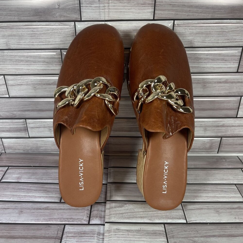 Lisa Vicky Brown Leather Mules with Gold Chain - Picture 7 of 10